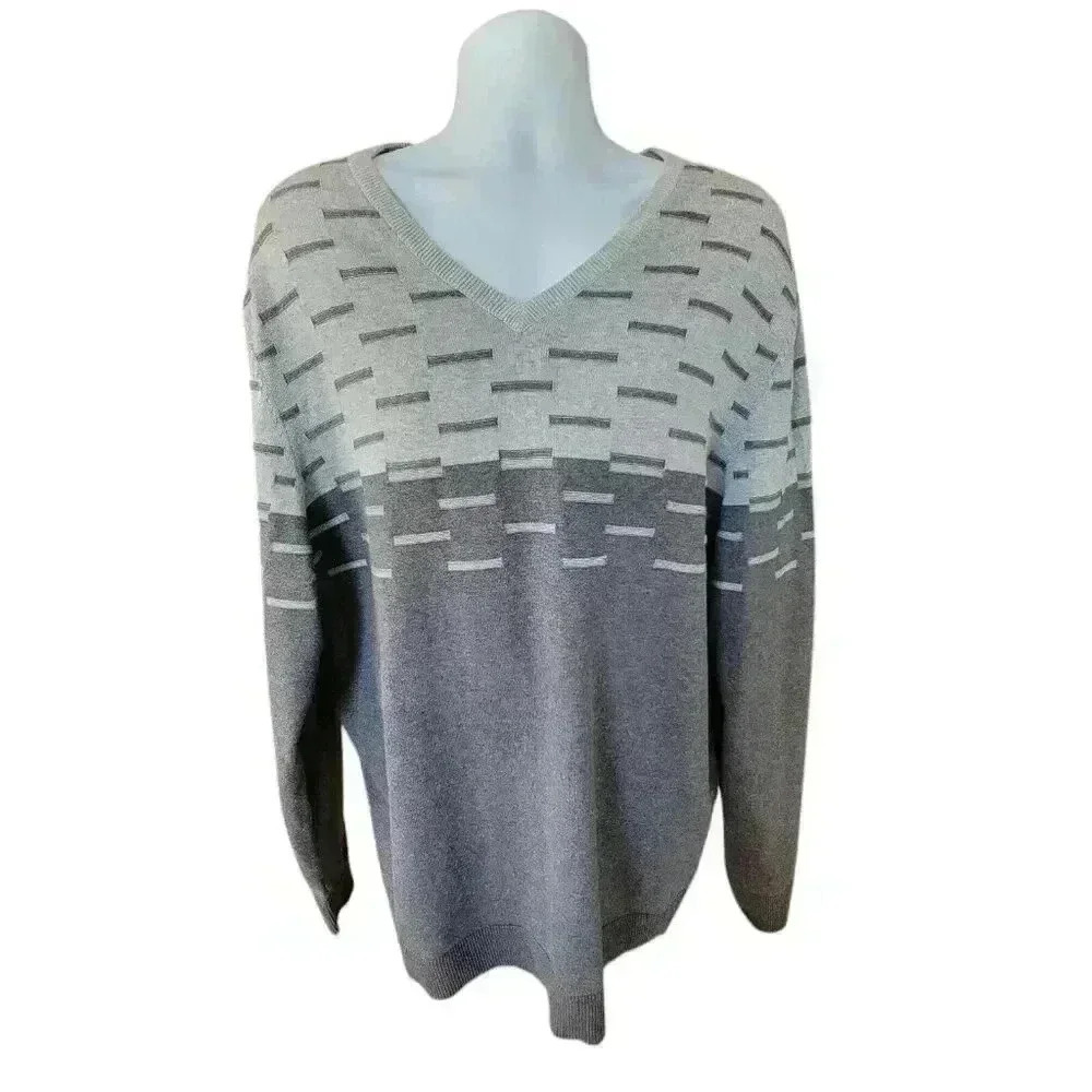 Alfani Mens V-Neck Cotton Sweater Size 2XL Grey Design Long Sleeve NWT